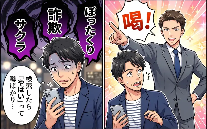 マッチングアプリの詐欺やサクラ、ぼったくりに悩む男性を、結婚相談所のアドバイザーが一喝して正しい婚活へ導くイラスト