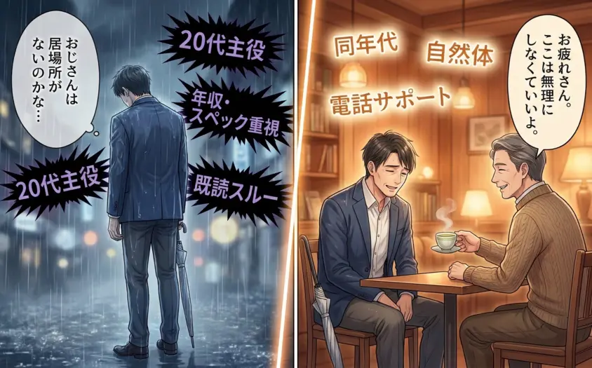 40代の婚活で「20代主役」「既読スルー」に疲れ居場所をなくした男性が、温かい対面サポートと「自然体でいい」という助言に救われる様子を描いたイラスト