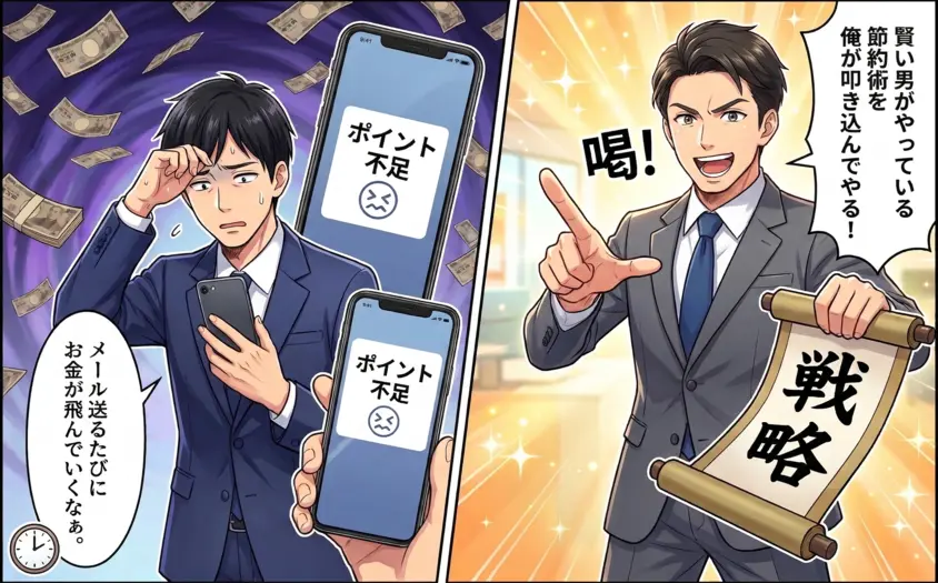 マッチングアプリのメッセージ送信やポイント不足で費用がかさみ悩む40代男性に対し、プロの婚活アドバイザーが「節約術」と「戦略」を伝授するイラスト