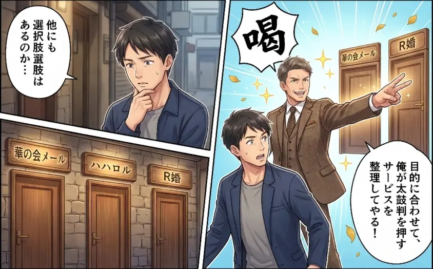 「華の会メール」「ハハロル」「R婚」のどれを選ぶべきか悩む40代男性に対し、プロの婚活アドバイザーが目的に合わせた最適なサービスの選び方を解説するイラスト