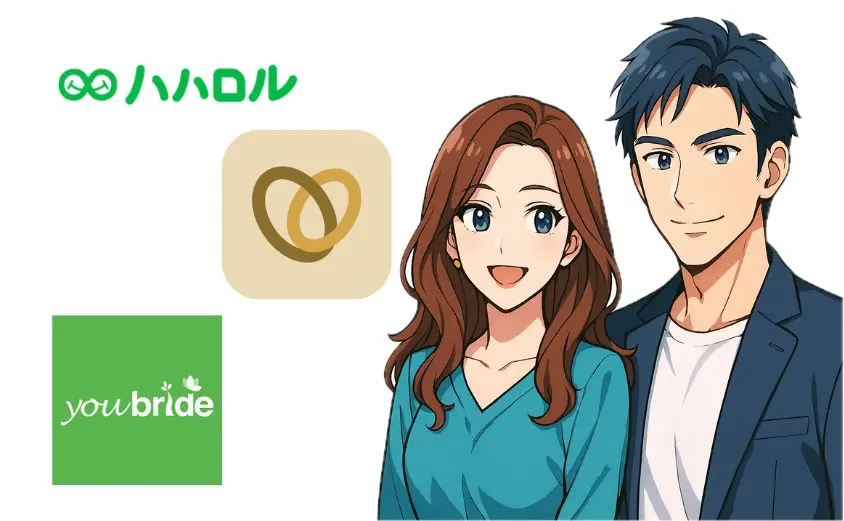 ハハロルの評判をもとにした比較イラスト。男女が登場し、落ち着いた婚活サービスを選ぶ様子