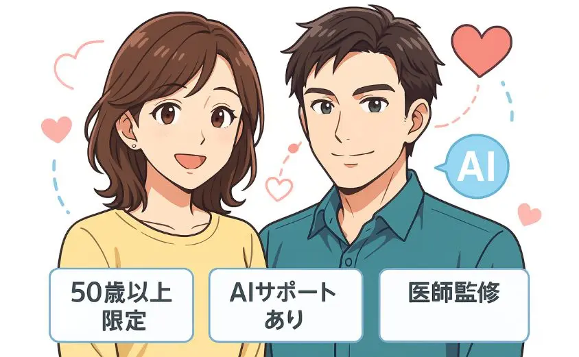 ハハロルの評判をもとにしたイラスト。女性と男性が登場し、50代向け婚活サービスの安心感やAIサポートの特徴を表現