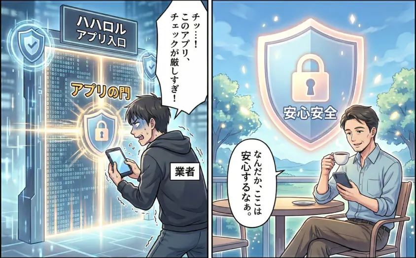 悪質な業者がアプリの厳しいガードに苦戦する様子と、男性が安全なアプリ内で穏やかにコーヒーを飲む様子の比較イラスト。