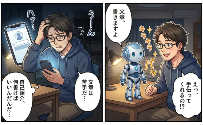 男性がスマホでの自己紹介作成に悩み、AIロボットが執筆を提案して助けイラストxs
