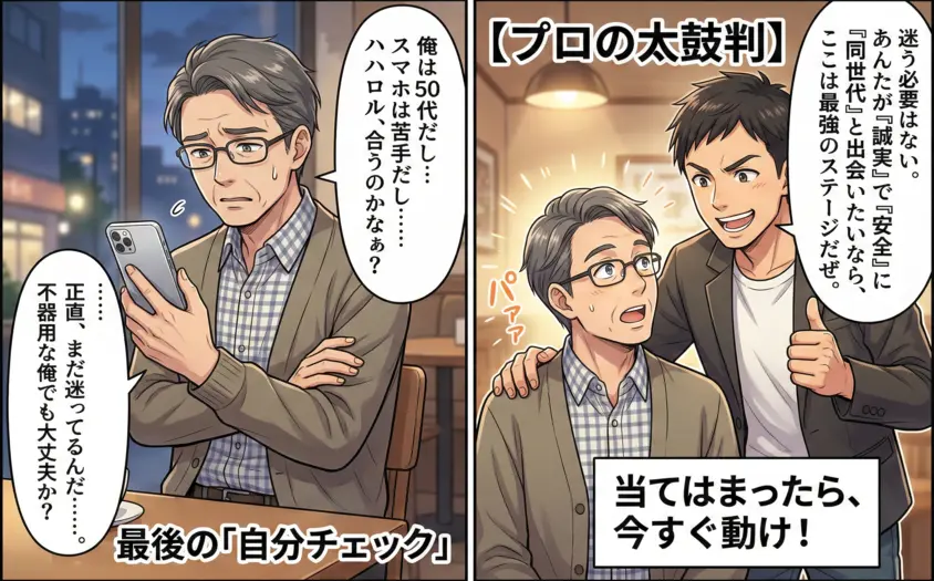 ハハロルの利用に悩む男性が、プロのアドバイザーに背中を押されて自信を持つイラスト