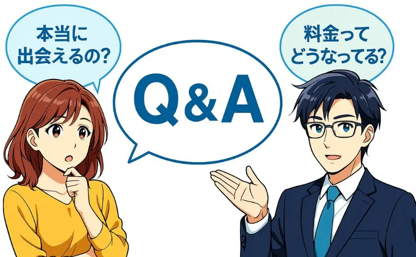 ハハロルに関するよくある質問5選を表すイラスト。女性と男性が登場し、それぞれ『本当に出会えるの?』『料金ってどうなってる?』と吹き出しで質問している構図
