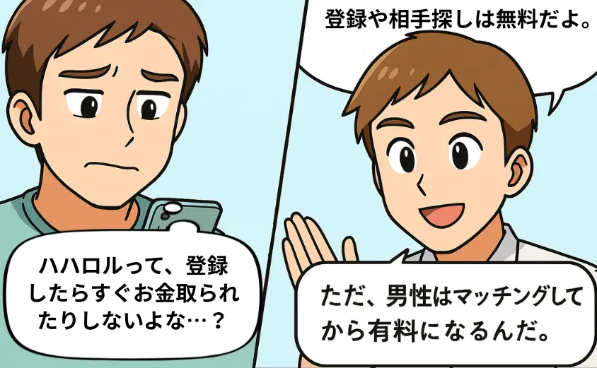 ハハロルの料金が不安な男性が「登録しただけでお金は取られないよな…?」と悩み、友人に「登録や検索は無料で、男性はマッチング後から有料」と説明される2コマ漫画