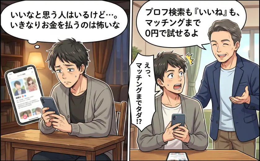 婚活アプリ「ハハロル」に悩む男性とアドバイスを送る男性のイラスト。マッチングまで無料で利用できるメリットを解説。