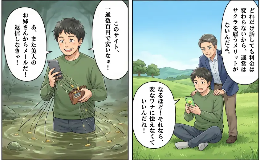 ポイント制サイトでサクラに課金し続ける男性と、定額制マッチングアプリ「ハハロル」で追加料金なしのメリットを解説する男性のイラスト。