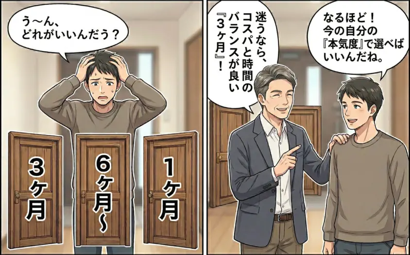 マッチングアプリ「ハハロル」のプラン期間（1ヶ月・3ヶ月・6ヶ月）選びに迷う男性と、3ヶ月プランを推奨するアドバイザーのイラスト。