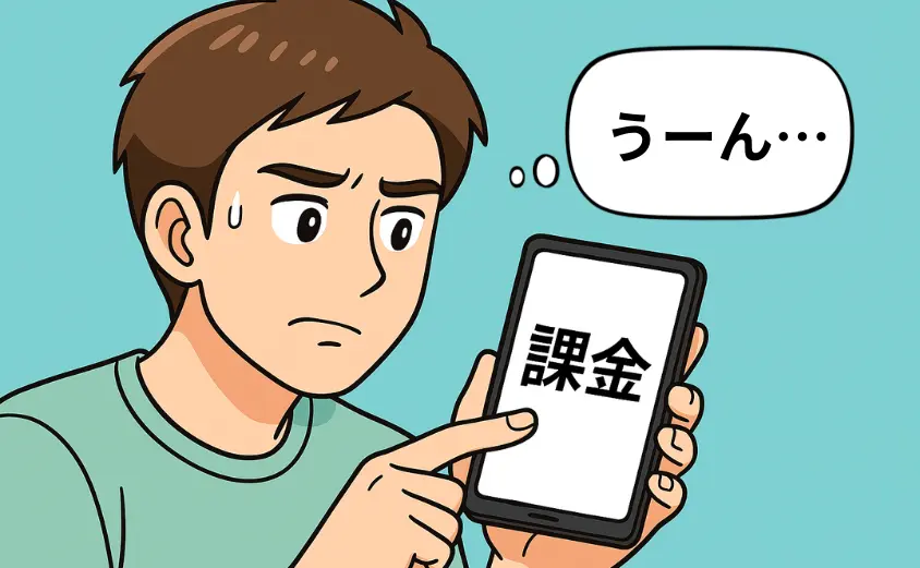 スマホの課金ボタンを前に迷っている40代男性|ハハロルの料金に不安を感じている様子のイラスト