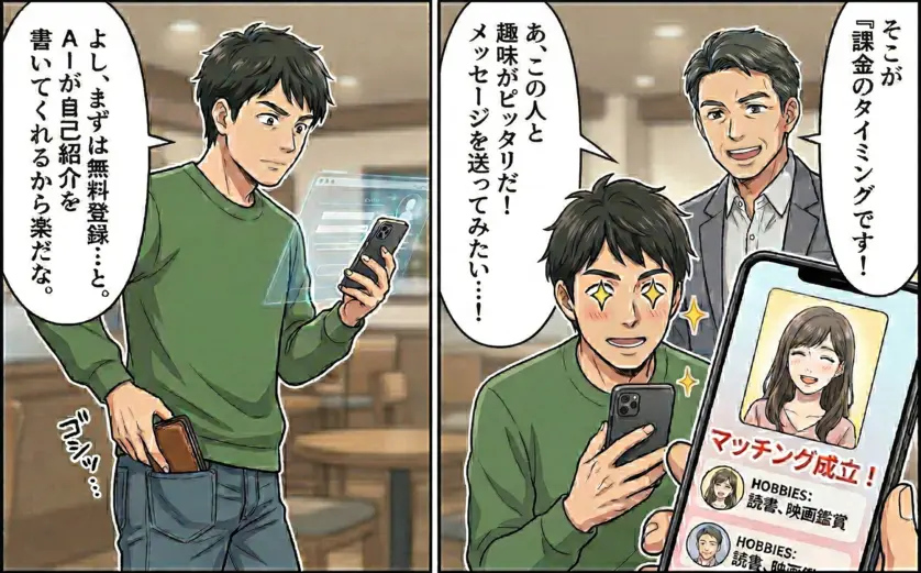 マッチングアプリ「ハハロル」の無料登録から課金のタイミングを解説するイラスト。AI自己紹介作成機能とマッチング成立後の有料会員移行のコツ。