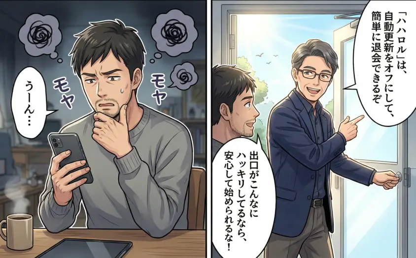 「ハハロル」の簡単な退会手続きと自動更新オフ機能を説明するイラスト。悩む男性がアドバイザーの説明で安心する様子。