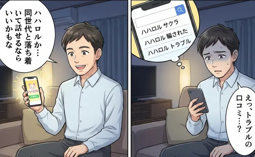 マッチングアプリ「ハハロル」の評判を検索して不安になる40代男性の2コマ漫画イラスト