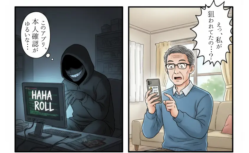 アプリの脆弱性を狙う悪意ある業者と、それに気づき驚く男性のイラスト