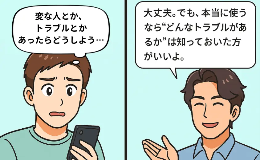 ハハロルのトラブルが不安な40代男性と、婚活経験者が注意点を伝える2コマ漫画
