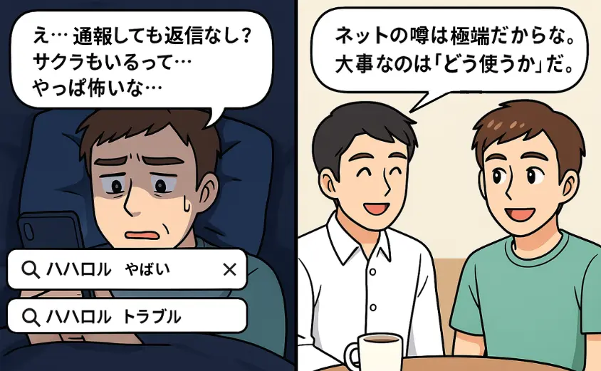 ハハロルのトラブルを検索して不安になる男性と、友人に安心できる使い方を教わるシーンの漫画。婚活アプリの安全な使い方を解説