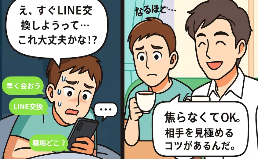 マッチングアプリ・ハハロルでのトラブルに不安を感じる40代男性が、婚活経験者の友人から『焦らず見極めることが大切』と助言を受けて安心する2コマ漫画。初心者が安全に使うための心構えを描いている。