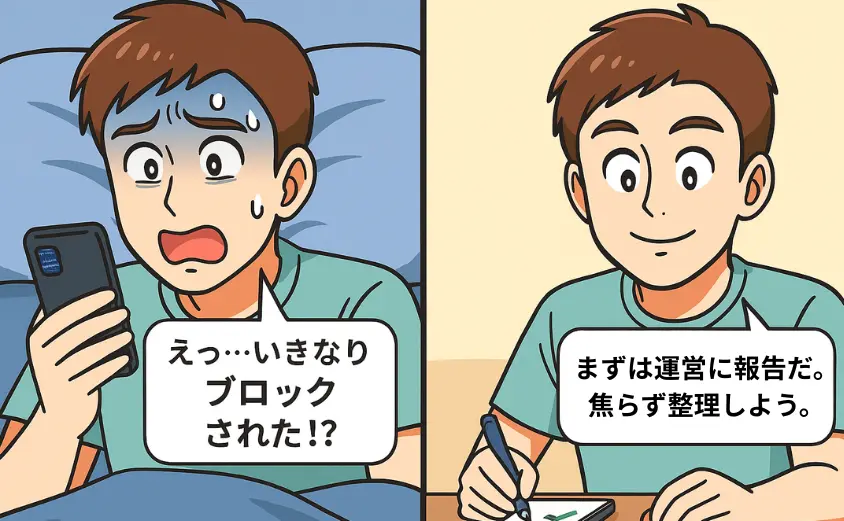 ハハロルでトラブルに焦る男性が、ブロックされて落ち込むが、冷静に運営へ報告して対処する様子を描いたイラスト。