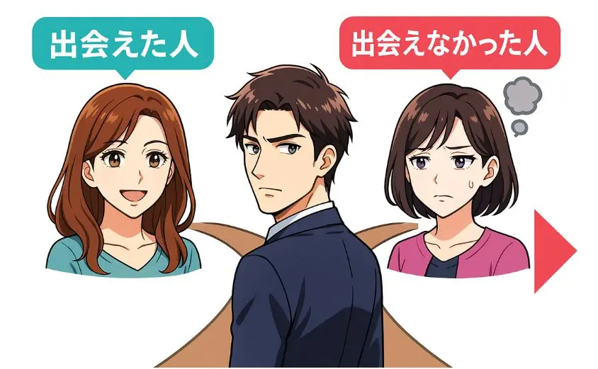 ハハロルで会えない理由を象徴する分かれ道のイラスト。出会えた男性と出会えなかった男性の対比が描かれている
