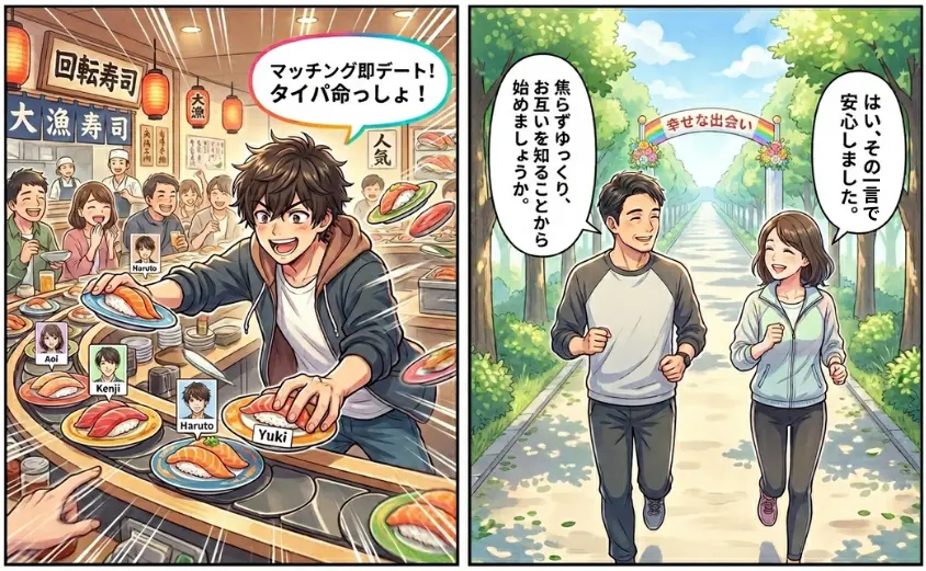 20代のタイパ命のマッチングと、中高年の時間をかける誠実な婚活の対比イラスト。