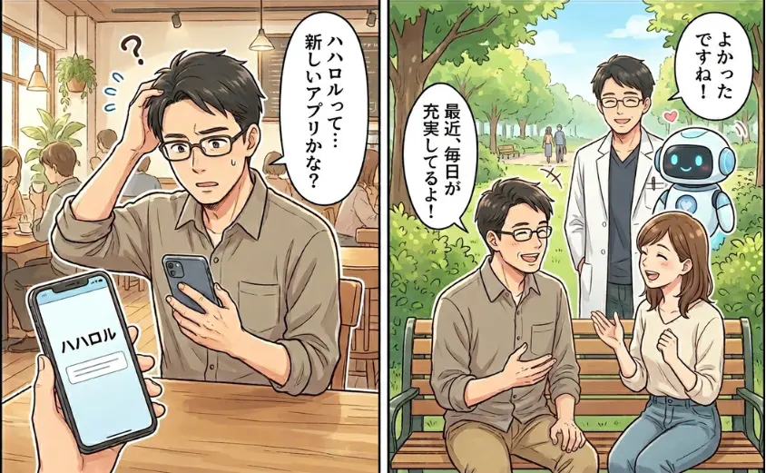 40代男性がスマホアプリ「ハハロル」に悩み、精神科医とAIロボットのサポートで笑顔を取り戻すイラスト