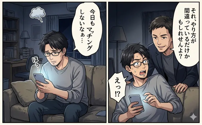 男性がマッチングアプリ（ハハロル）で苦戦し、婚活経験者からアドバイスを受けるイラスト