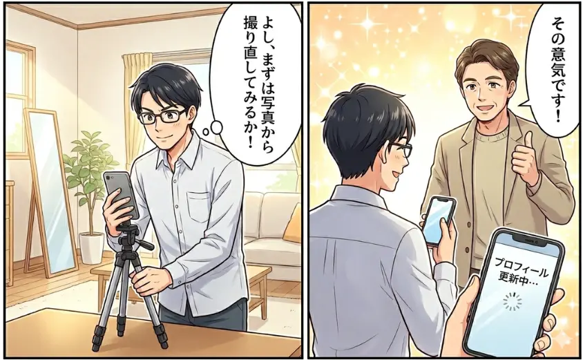 マッチングアプリ（ハハロル）用写真を撮り直す男性と、応援する婚活経験者のイラスト