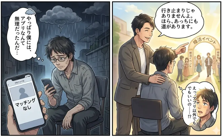 マッチングアプリ（ハハロル）で挫折した男性が、婚活経験者から別の出会い方を提案されるイラスト