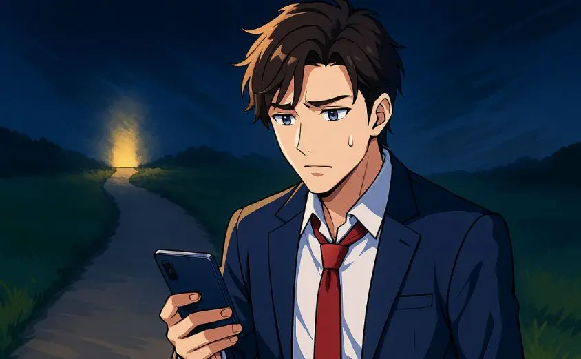 ハハロルで会えない理由に悩む男性のイラスト。白背景の中で出会いの扉を前に立ち止まり、不安そうに迷っている様子