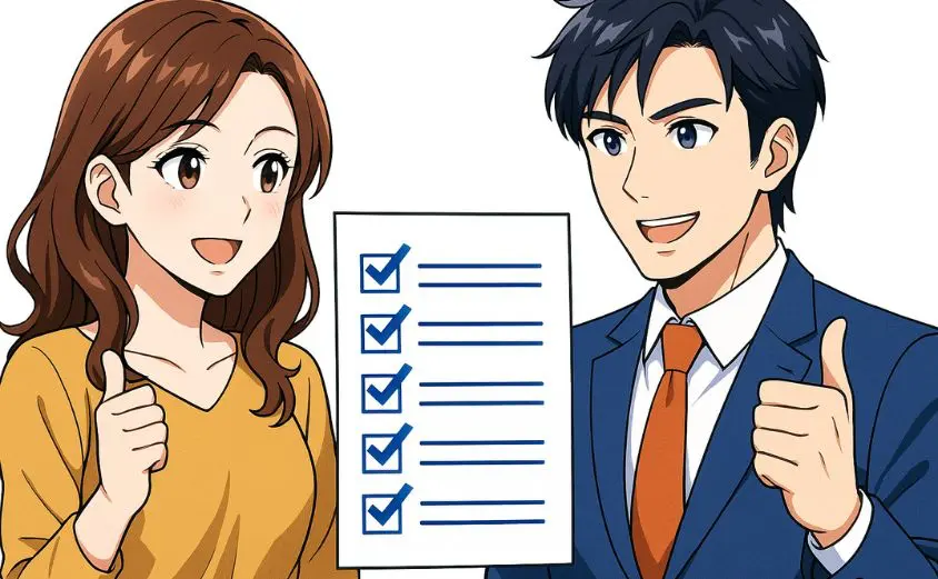 ハハロルで出会うための5つのポイントをチェックする男女のイラスト。チェックリストを見ながら前向きにうなずく男女の姿