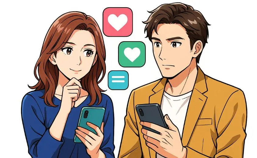 シニア向けマッチングアプリを比較検討する男女のイラスト。スマホ画面を見ながら真剣な表情でアプリを見比べている様子