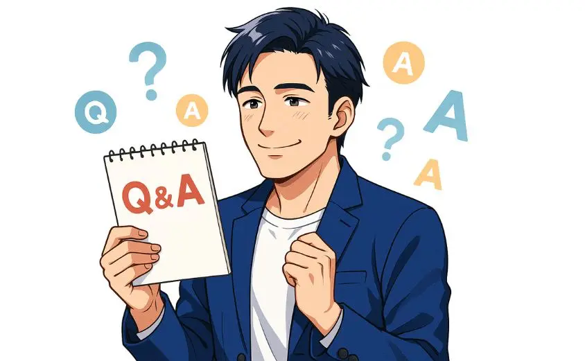ハハロルで会えない悩みに対するQ&Aを見て安心する男性のイラスト。白背景にQマークとAマークが浮かび、穏やかにほほ笑む姿
