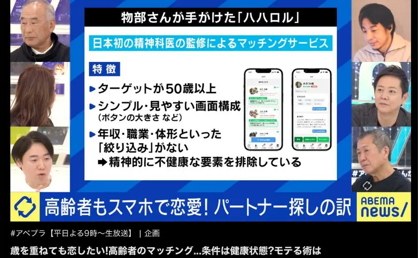 2025年1月15日放送のABEMA Prime「歳を重ねても恋したい!」で、ハハロルが紹介された画像。