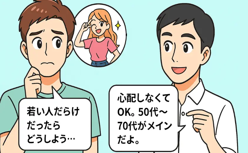 ハハロルの年齢層が若い人ばかりか不安に感じる40代男性が、20代女性を妄想して悩む様子のイラスト