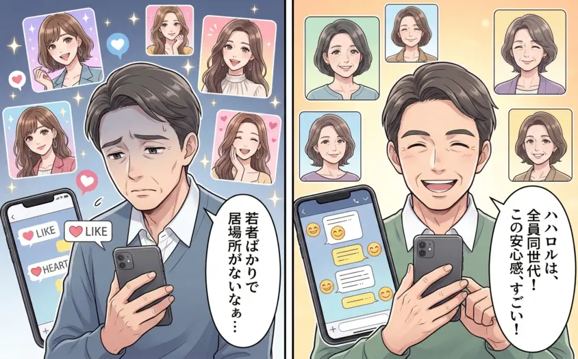 50代男性がマッチングアプリで同世代と出会い笑顔になる比較漫画。若者中心のアプリと、全員同世代の『ハハロル』の安心感を表現。