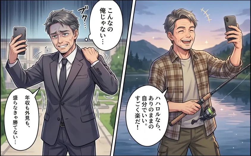 50代の婚活・マッチングアプリの悩みを描いた比較漫画。無理して年収や外見を盛る自分と、『ハハロル』でありのままの趣味を楽しむ自分を対比