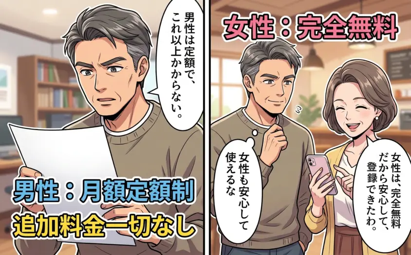 婚活・恋活サービス「ハハロル」の料金説明イラスト。男性は月額定額制で追加料金なし、女性は完全無料。安心して登録できる仕組みを描いたイラスト。