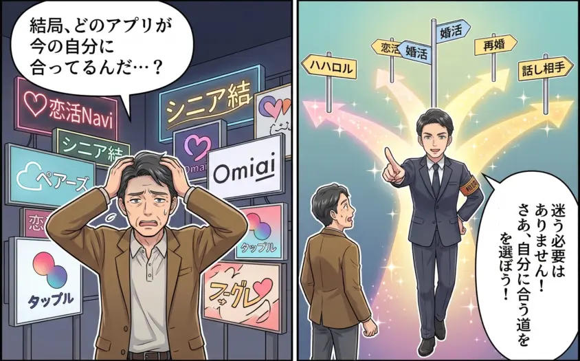 50代男性が自分に合うマッチングアプリ選びに悩み、婚活アドバイザーから目的別（ハハロル・婚活・再婚・話し相手）のルートを提案される2コマ漫画。