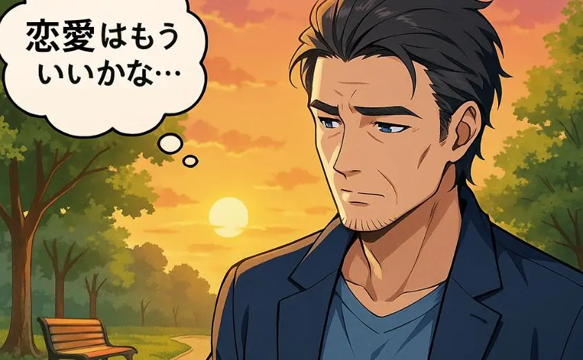 夕暮れの公園を一人で歩く50代男性を描いたイラスト。『恋愛はもういいかな…』というシニア世代の葛藤と希望を表現した構図。