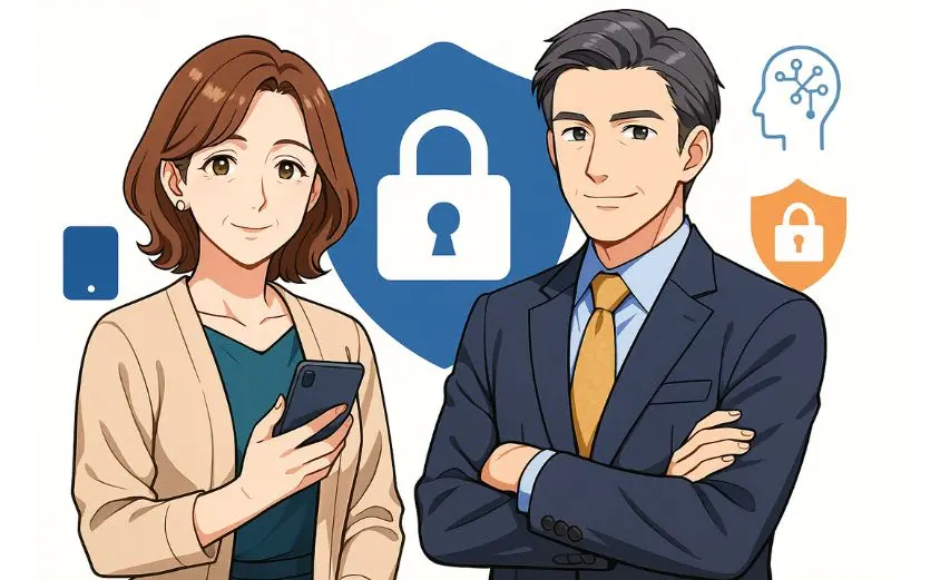 ハハロルの安心・安全設計を象徴するイラスト。スマホを持った50代女性と男性が笑顔で並ぶ。本人確認やAI監視など、シニア向けマッチングアプリの安全性を表現した構図。はっきりとした色使いで信頼感を演出。