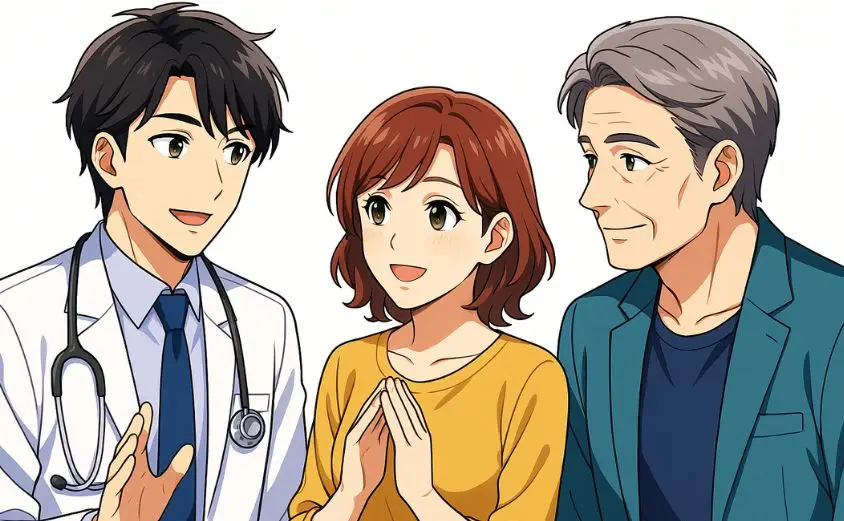 ハハロルの信頼性を象徴するイラスト。医師と並ぶ50代の女性とイ男性が登場し、シニア向けマッチングアプリの医師監修・大学連携の安心感を表現。孤独や心の健康にも寄り添う設計を視覚化。