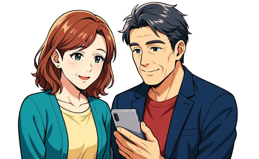 50代の女性と男性が笑顔で向かい合うイラスト。ハハロルなどシニア向けマッチングアプリの利用シーンを想定し、安心感と自然な出会いを表現。