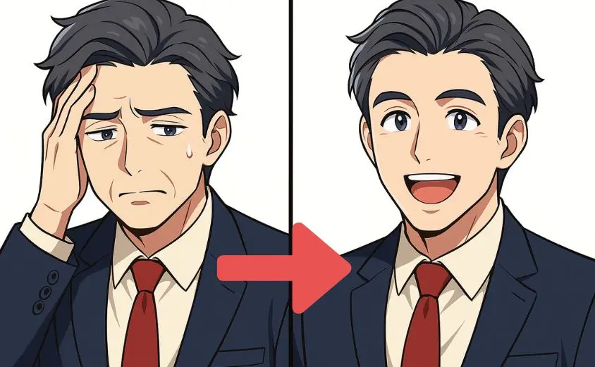 50代男性が不安な表情から笑顔へと変化するイラスト。婚活に前向きになる様子を描いた2コマ構成