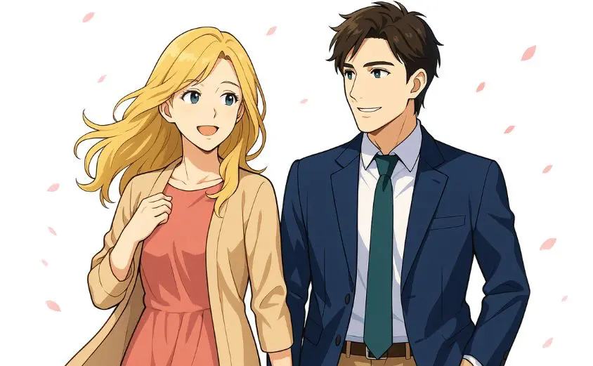 春風の中を歩く50代男女カップル|R婚で出会った同年代の出会いに喜ぶ様子