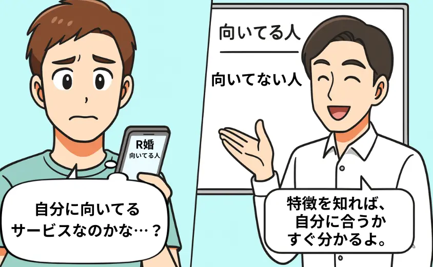 R婚が自分に向いているか悩む男性と、特徴を説明して安心させるアドバイザーを描いた2コマ漫画。R婚の向いている人・向いていない人を分かりやすく解説するシーン。