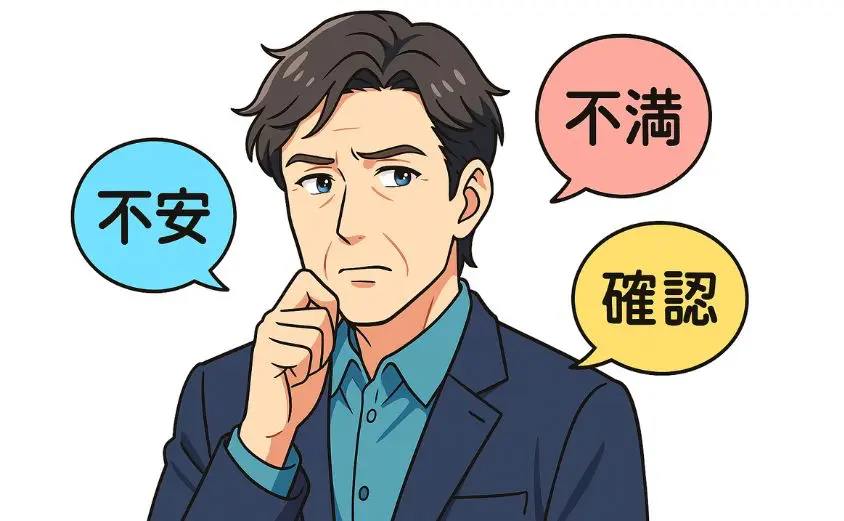 R婚のデメリットに不安を感じる50代男性のイラスト|“不安・不満・確認”の吹き出し付きで、婚活サービスの注意点を表現