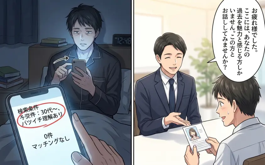 マッチングアプリでバツイチの理解者が得られず悩む40代男性と、結婚相談所のアドバイザーから相性の良い相手を紹介される比較画像