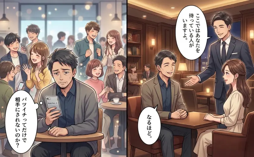 マッチングアプリで20代・30代のライバルに圧倒され「バツイチは相手にされない」と悩む40代男性が、再婚特化型の「R婚」のラウンジで専任アドバイザーから女性を紹介され、穏やかな表情で婚活に希望を見出すイラスト