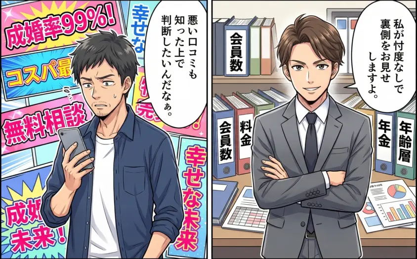 結婚相談所の広告に疑念を持つ男性と、会員数や料金などのデータを提示して裏側を解説するプロのアドバイザーの2コマ漫画。